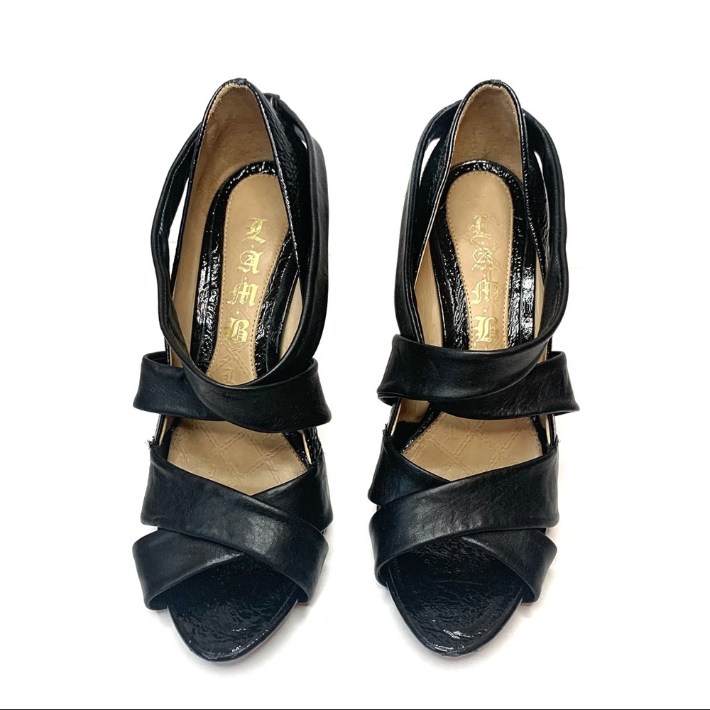 L.A.M.B. Tasha Criss Cross Leather Heels Black